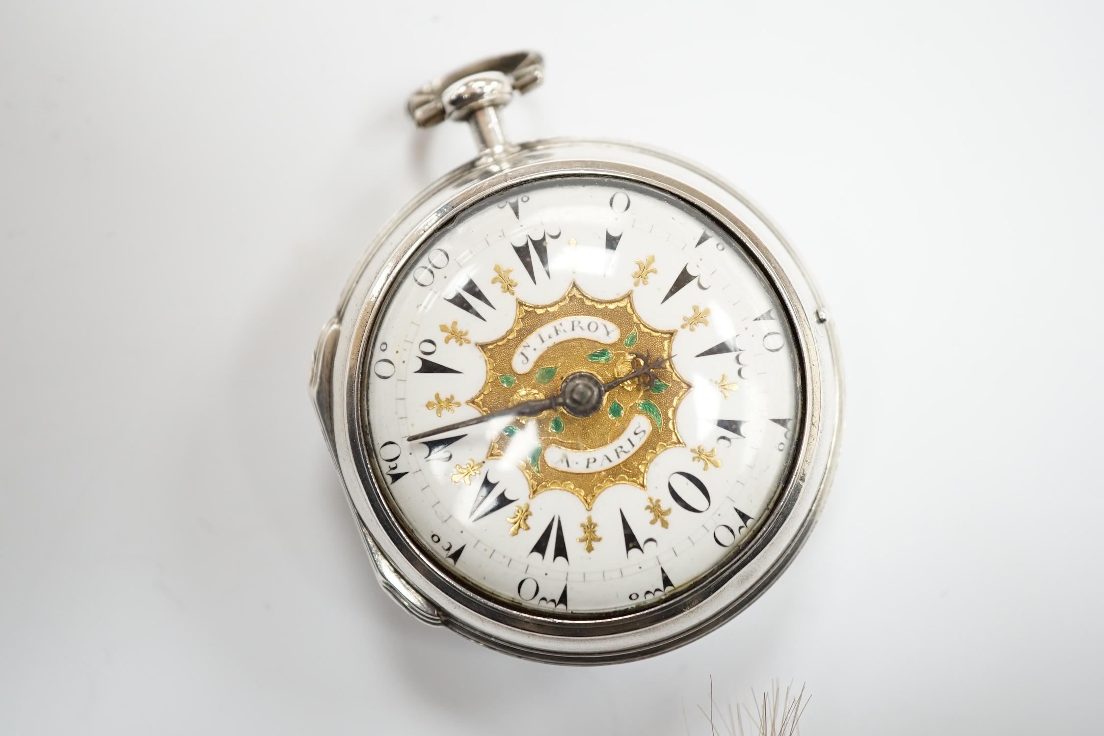 A late 18th century French white metal keywind verge open face pocket watch for the Turkish market, by Jn. Leroy of Paris, the signed movement numbered 10791, case diameter 50mm.